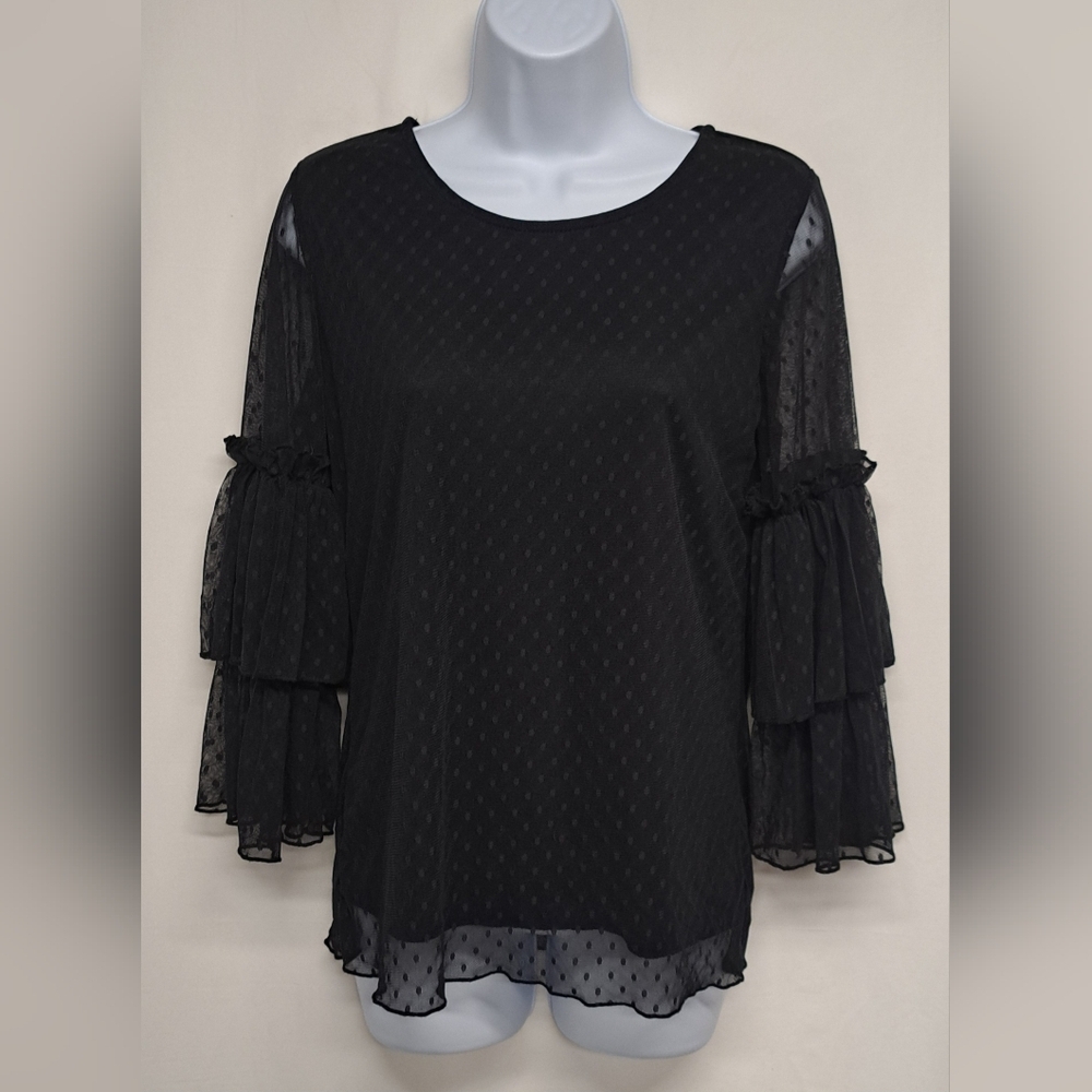 Eve & Maddie S Black Top Lace Overlay Sheer Tiered Arms Lined Body Pullover